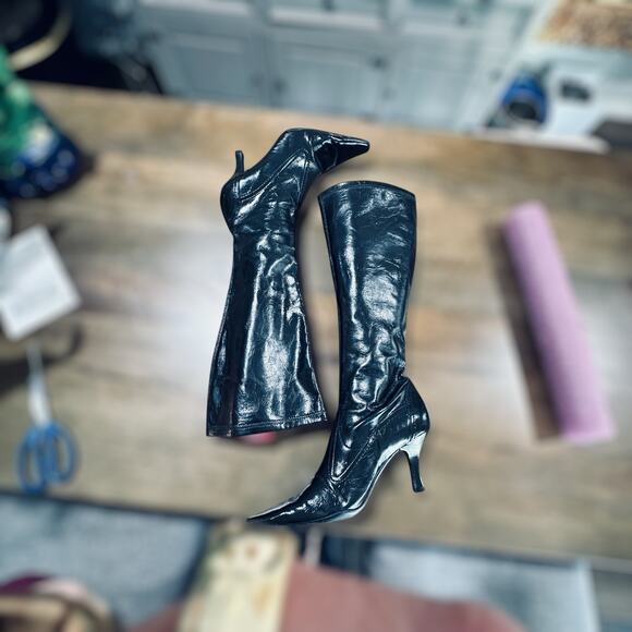 Franco Sarto Black Pull-On Knee High Boots Size 8 Pointed Toe Heel - Picture 4 of 7